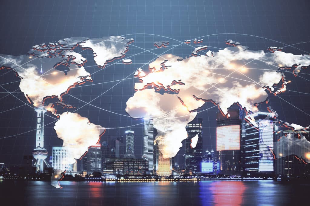 Double exposure of business theme hologram drawing and city veiw background. Concept of success.