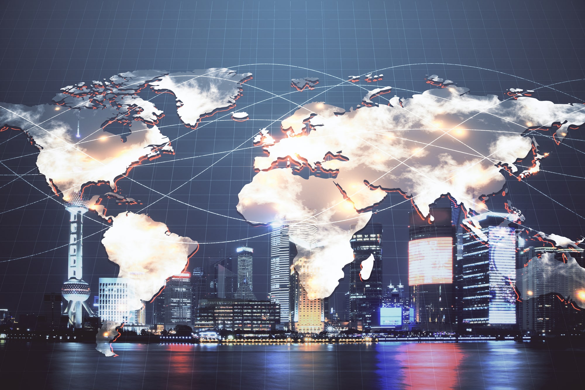 Double exposure of business theme hologram drawing and city veiw background. Concept of success.